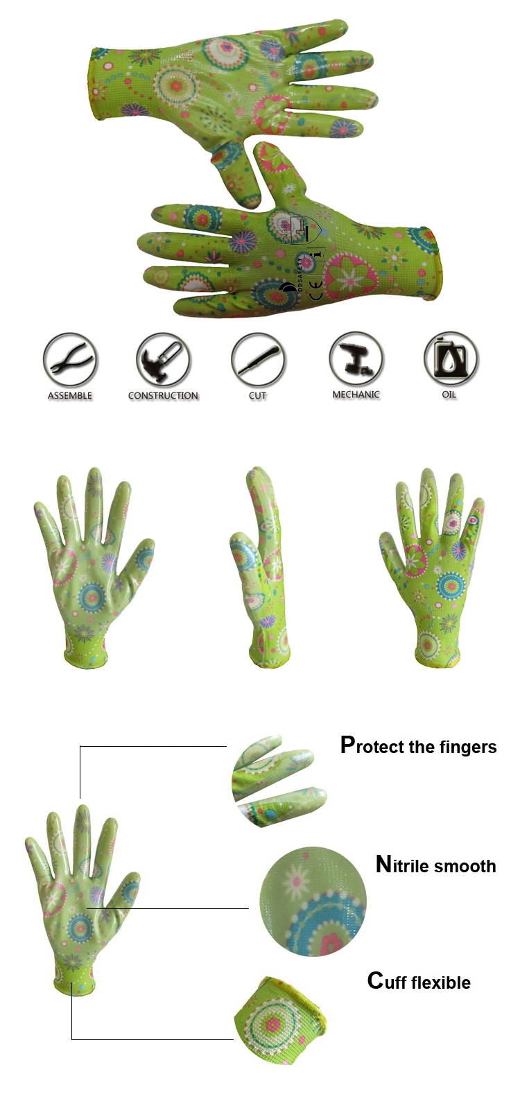 Ddsafety Green Flower Design Nitrile Gardening Gloves Ce 3121