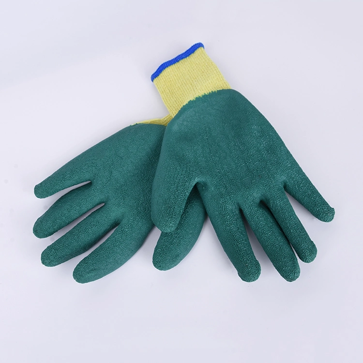 Widely Used Durable Green Latex Coated Working Gloves Crinkle Latex Palm Coated