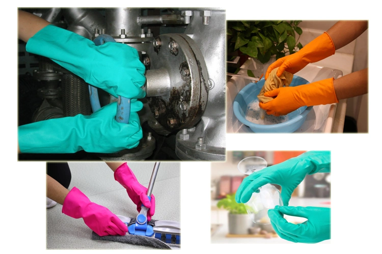 32cm Length Green Nitrile Gloves with White Dipped Flock for Chemical Resistance Purpose