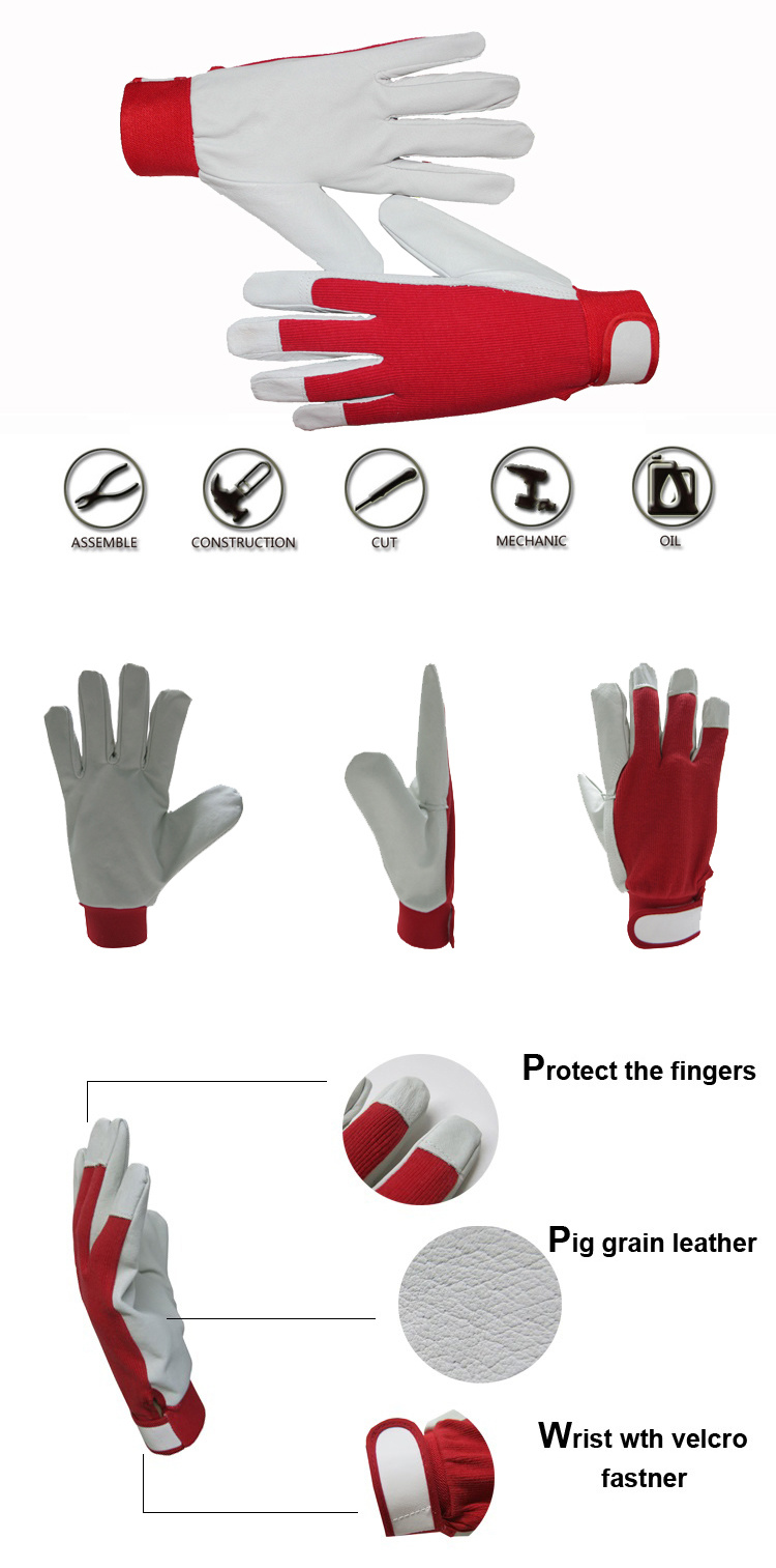 Beige Pig Grain Leather Safety Gloves with Red Back
