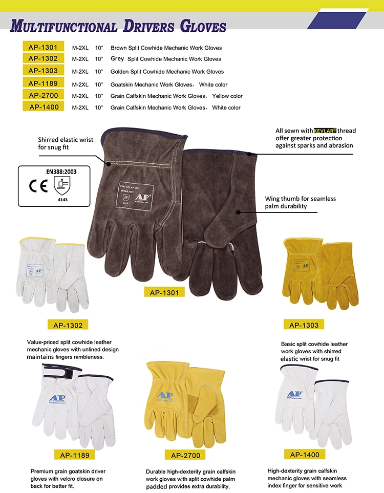 Brown Leather Working Gloves with CE Certificate Against Heat and Sparks and Abration