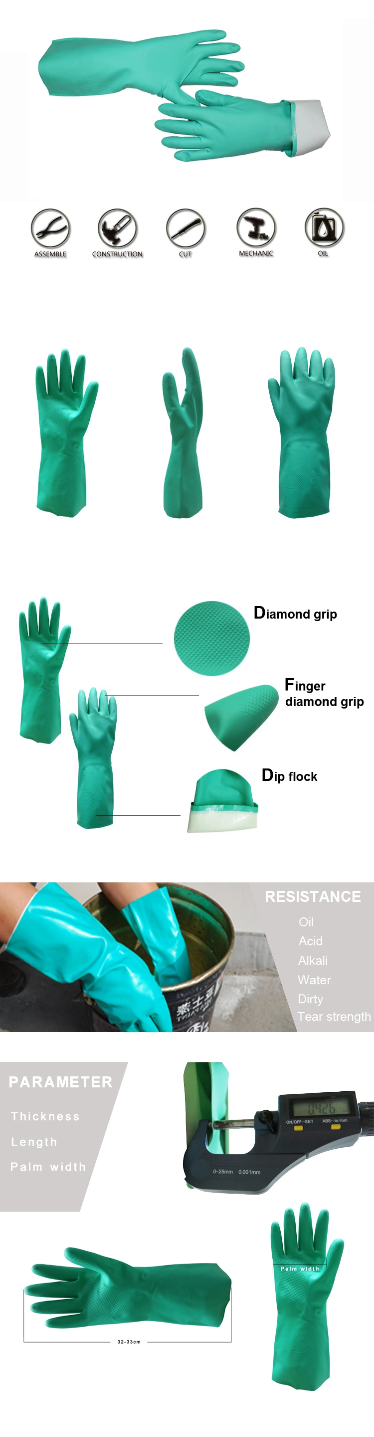 32cm Length Green Nitrile Gloves with White Dipped Flock for Chemical Resistance Purpose