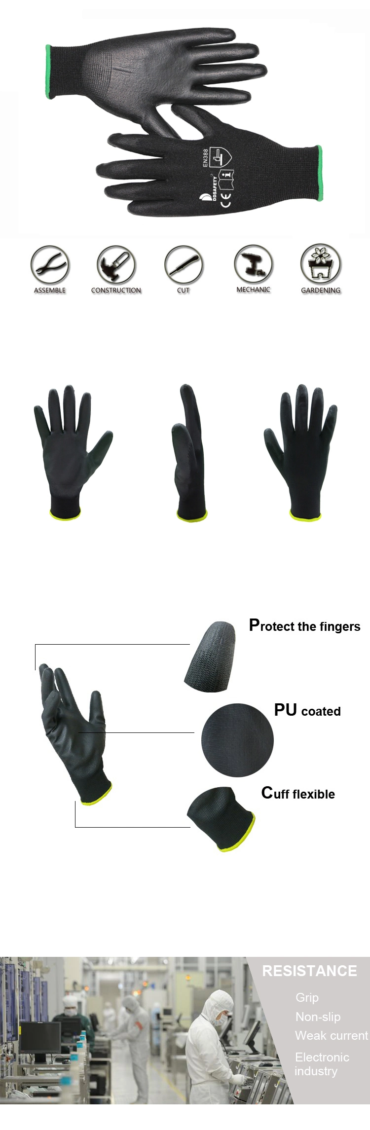 Cheap Black PU Dipped Working Gloves Protection Industrial Gloves