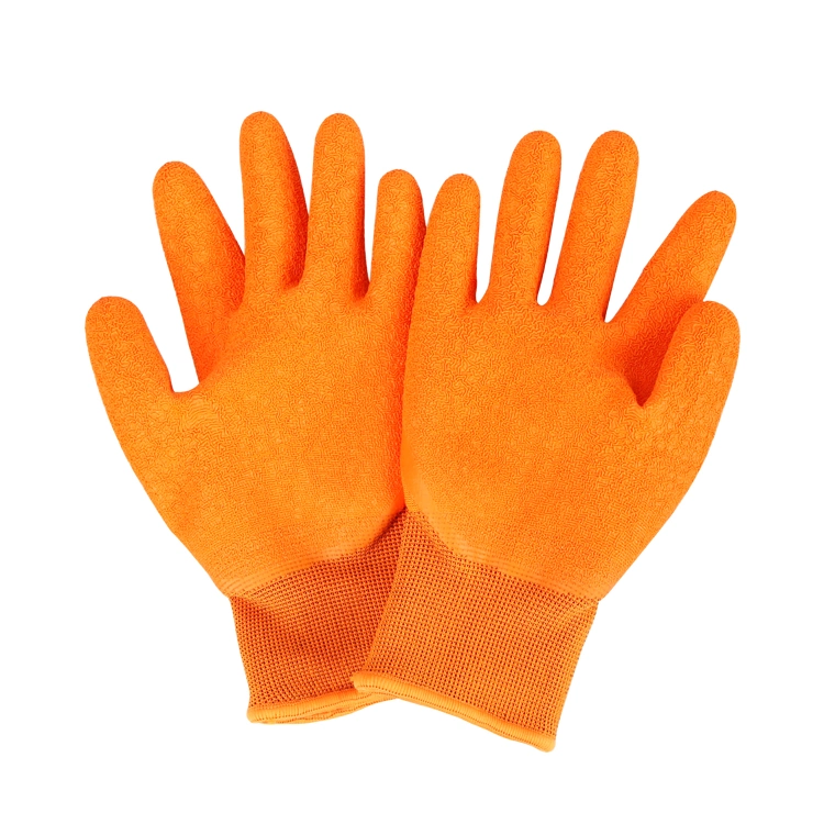 Cotton Shell Gloves Orange Latex Crinkle Coated Safety Gloves Industrial Work Gloves