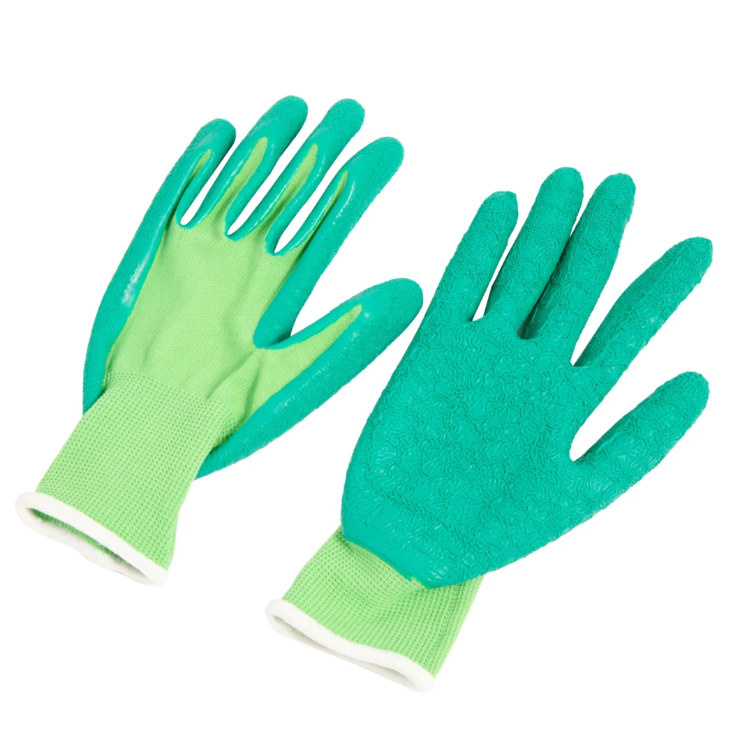 13 Gauge Green Polyester Knitted Liner Crinkle Latex Palm Coated Child Protective Gloves