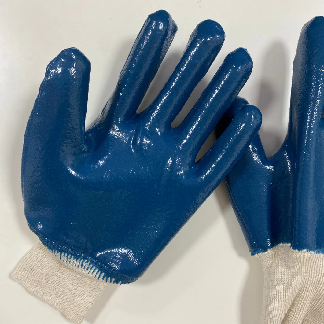 Full Coated Blue Nitrile Gloves Safety Cotton Knit Wrist Working Gloves
