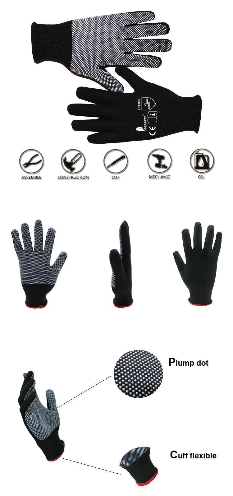 Mini PVC Dots Black Cotton Liner Industrial Work Gloves