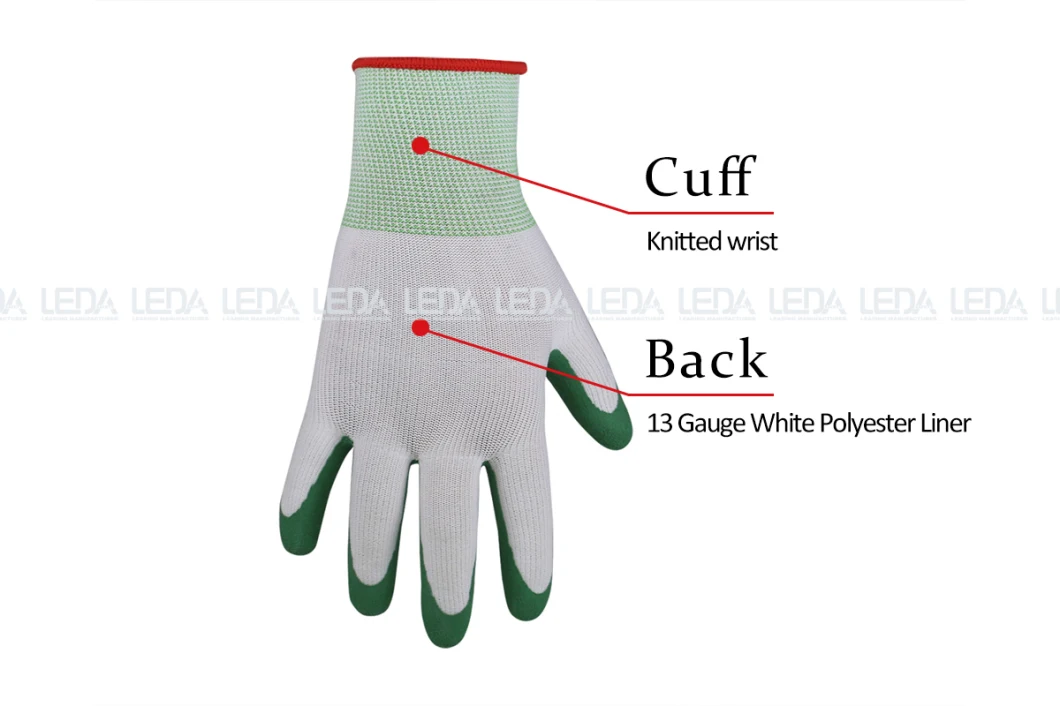 13G Polyester Shell with Green Foam Latex Coating Gloves