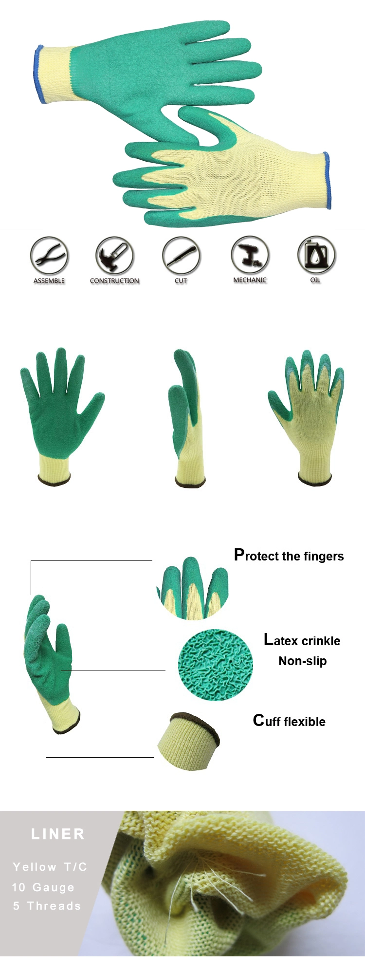 Green Latex Coated Construction Gloves Ce 3232
