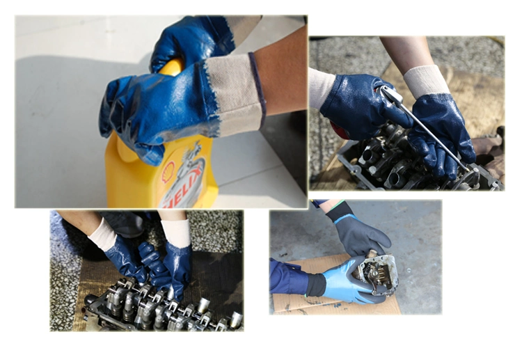 Cotton Jersey Liner Blue Nitrile 3/4 Coated Work Gloves Industrial Gloves Ce Glove