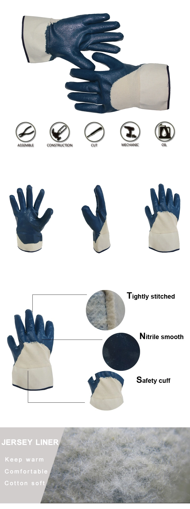 Cotton Jersey Liner Blue Nitrile 3/4 Coated Work Gloves Industrial Gloves Ce Glove