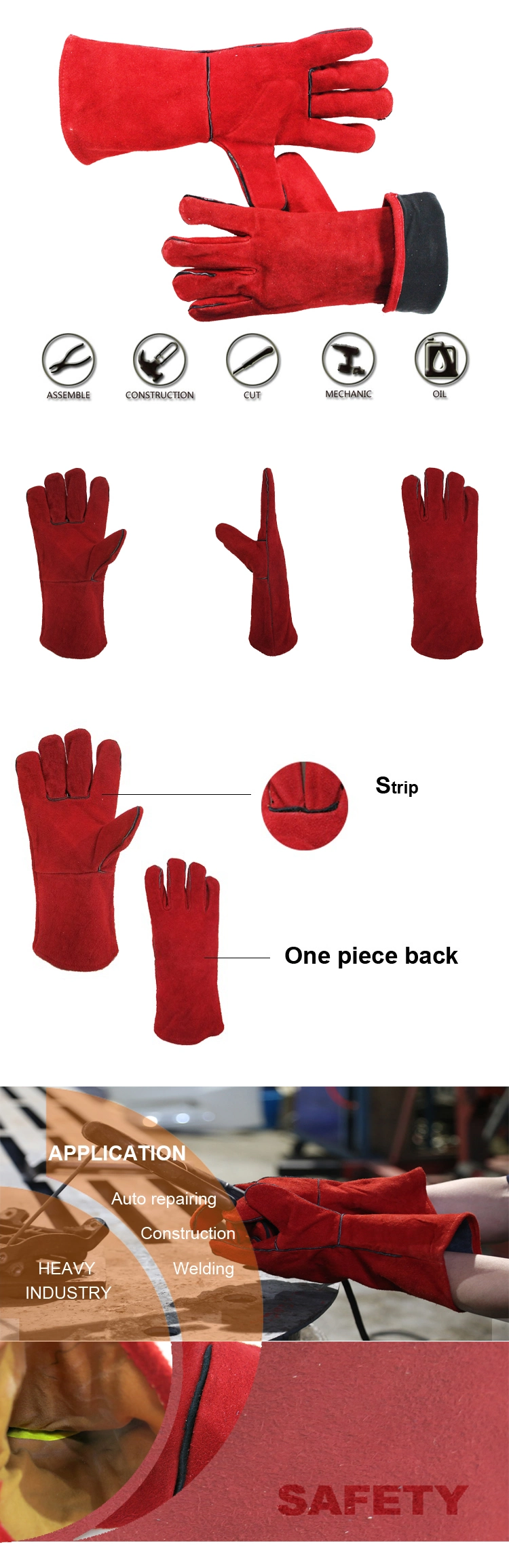Red One Piece Back Cow Split Leather Working Gloves for Welding