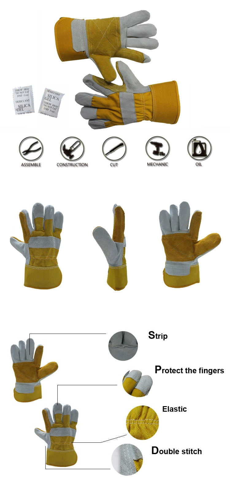 Reinforced Cow Split Leather Palm Gloves with Cotton Back Rubberized Cuff