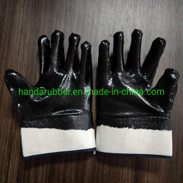 Cotton Knit Lined Loose Mouth Fully Dipped Black Nitrile Protective Work Gloves/Safety Industrial Glove