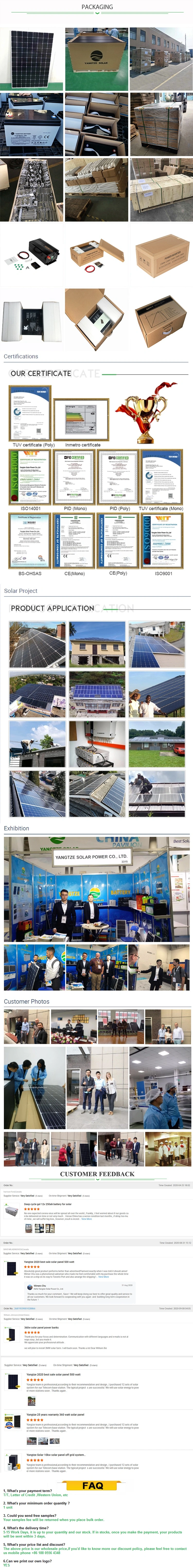 Yangtze Solar Panel Mono PV Module Mono Crystalline 360W 370W 380W 25years Warranty