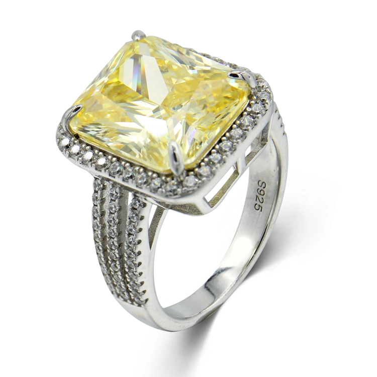 Luxury Bright Diamond Like Yellow Square Stone 925 Sterling Romantic Style Ring