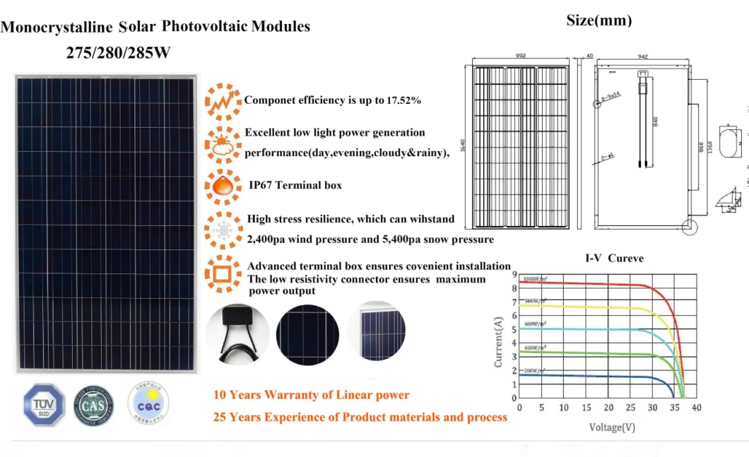 Monocrystal Solar Photovoltaic Modules 275W 280W 285W Solar Panels