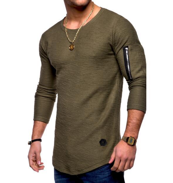 2019 Men's Fashion Solid Color Round-Neck Long-Sleeve T-Shirt Arm Zipper Stitching Personality Long-Sleeve Undershirt
