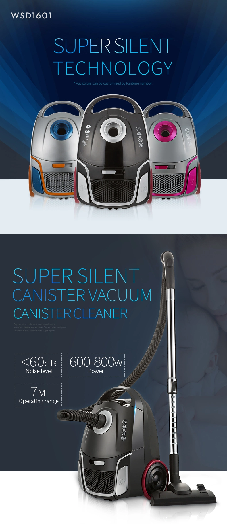 3L Dust Capacity Low Noise Bagged Canister Vacuum Cleaner for Home
