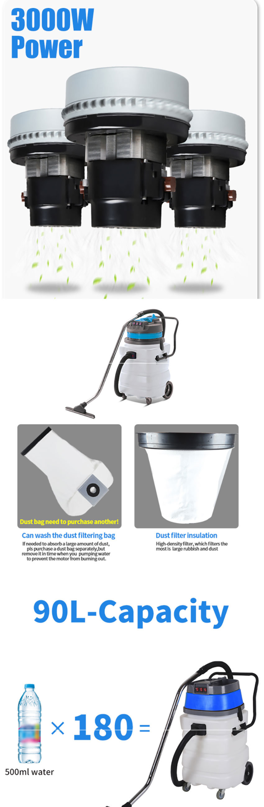 Plastic Tank Industrial 90L Wet and Dry Vacuum Cleaner, 3 Motors Acidproof and Anti Alkalis Wet Dry Vacuum Cleaner for Hotel