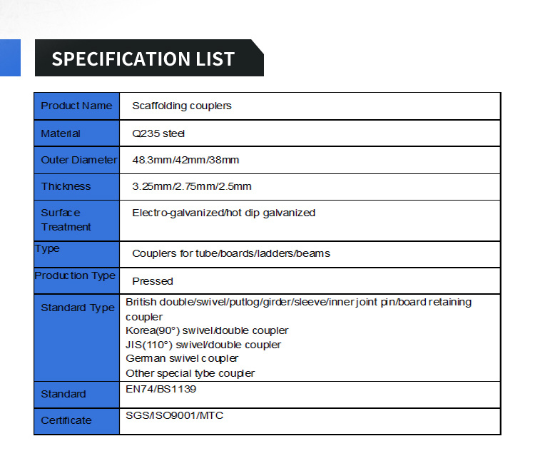 SGS Pressed Swivel Double Coupler Types of Clamps Scaffold