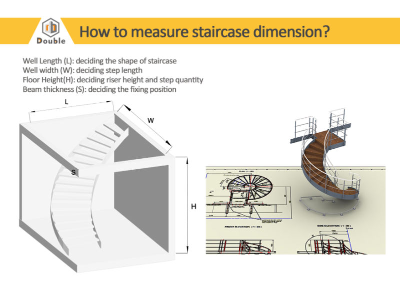 Villa Interior Wooden Tread Curved Staircase Designs with Double Steel Beam