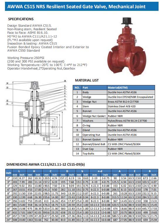 Resilient Gate Valve Awwa C509/515 Mj End