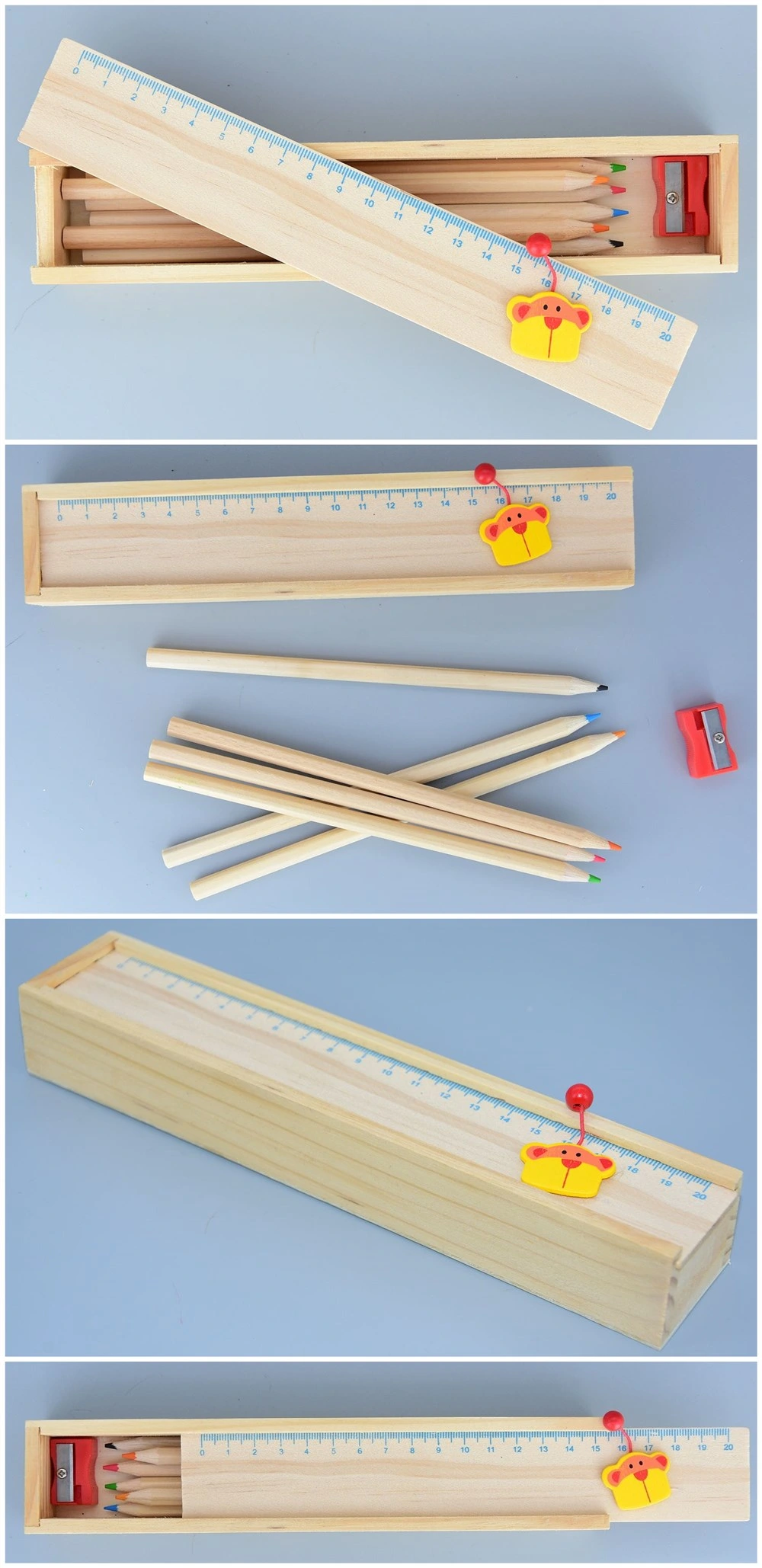 7 Inch 6 PCS Wooden Color Pencils with Sharpener/Eraser in Wooden Box with Wooden Toy