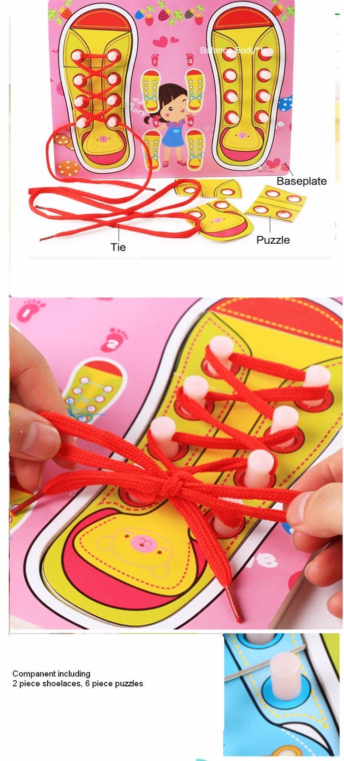 Wooden Learn Tie Shoelace Children Early Educational Montessori Board Puzzle Game Toy