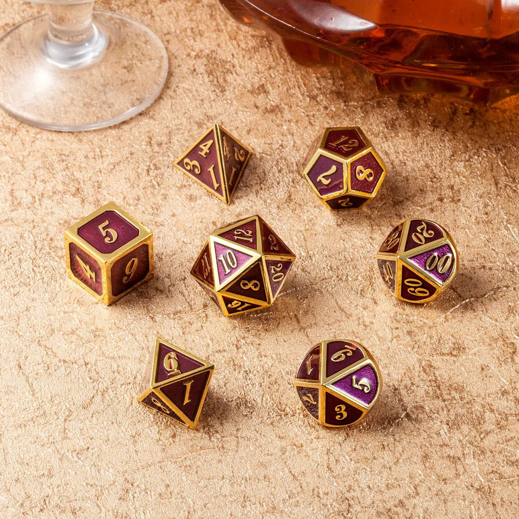 Metal Polyhedral Dice Set of 7 Pieces with Metal Case. Includes D4, D6, D8, D10, D12, D20 and D%.