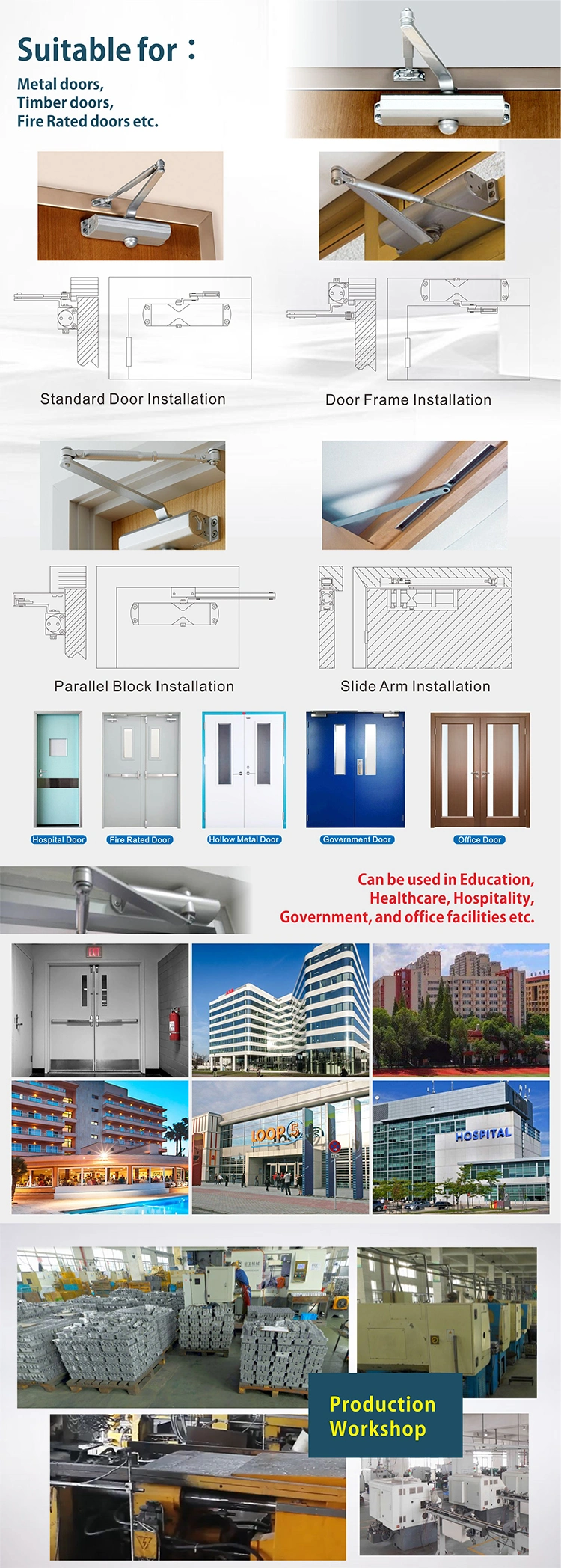 CE UL Door Furniture Hardware Fittings Security Aluminium Automatic Adjustable Door Control Fire Rated Door Closer