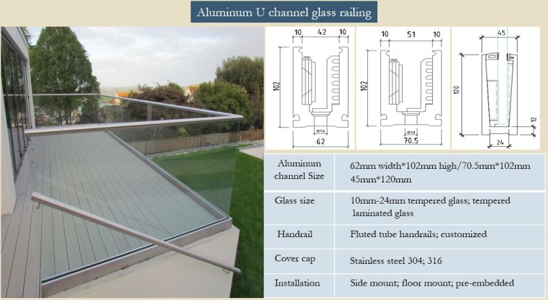 Residential Equipment Glass Railing Balcony Grill Design with Aluminum U Channel