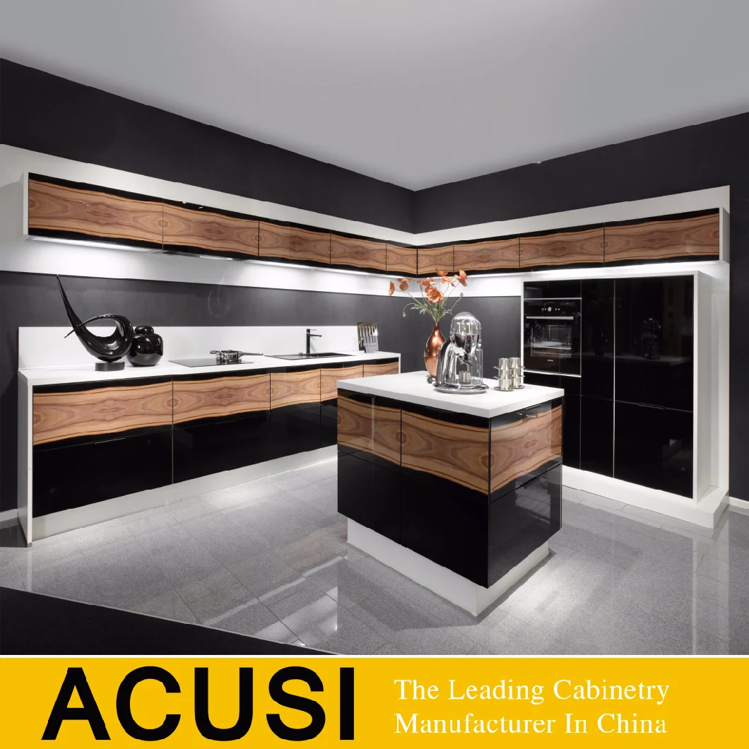High End Wood Veneer and Gloss Black Color Paint Kitchen Cabinet (ACS2-L237)