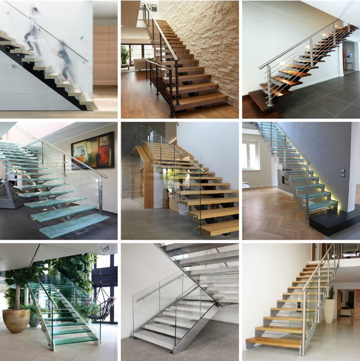 Classic Steel Beam Straight Staircase with Glass Metal Railing Design