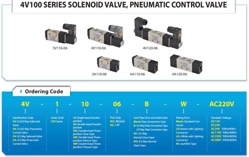 Airtac Type 4V100 / 3V100 / 4A110 / 3A110 Series 5/2 Way 3/2 Way Solenoid Valve Pneumatic Control Valve