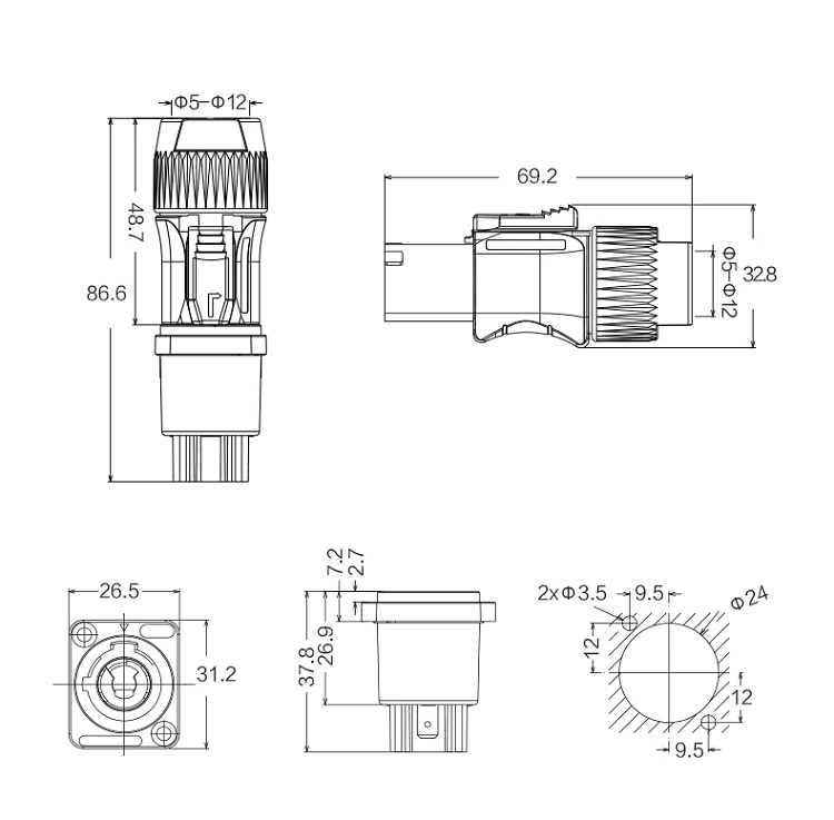 3 Phase Plug 3 Pin Connector Outdoor/3-Way Male and Female Electrical Connectors for Inverter