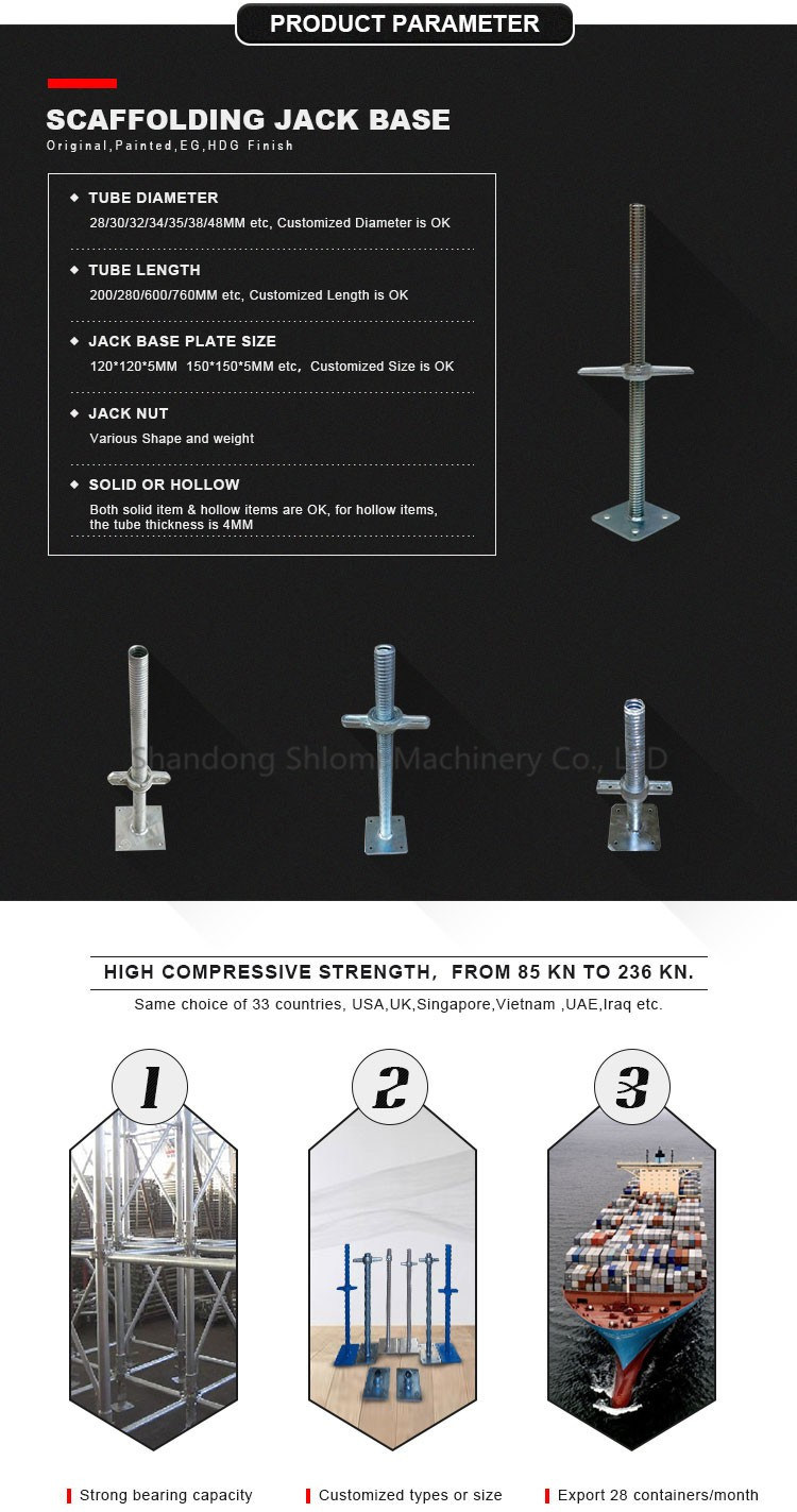 Galvanized Q345 Q235 Seamless Steel Tube Base Jack for Scaffolding in Building Construction