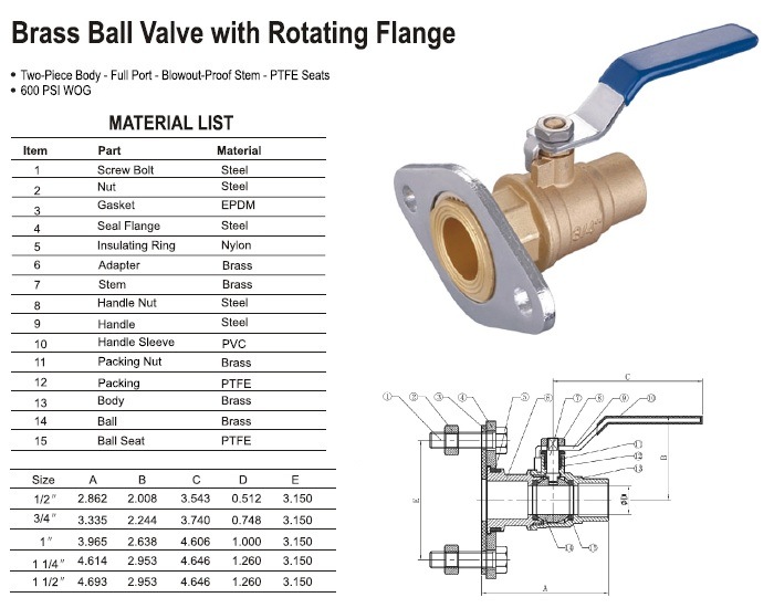 Brass Ball Valve with Rotating Flange Xsolder End&#160;