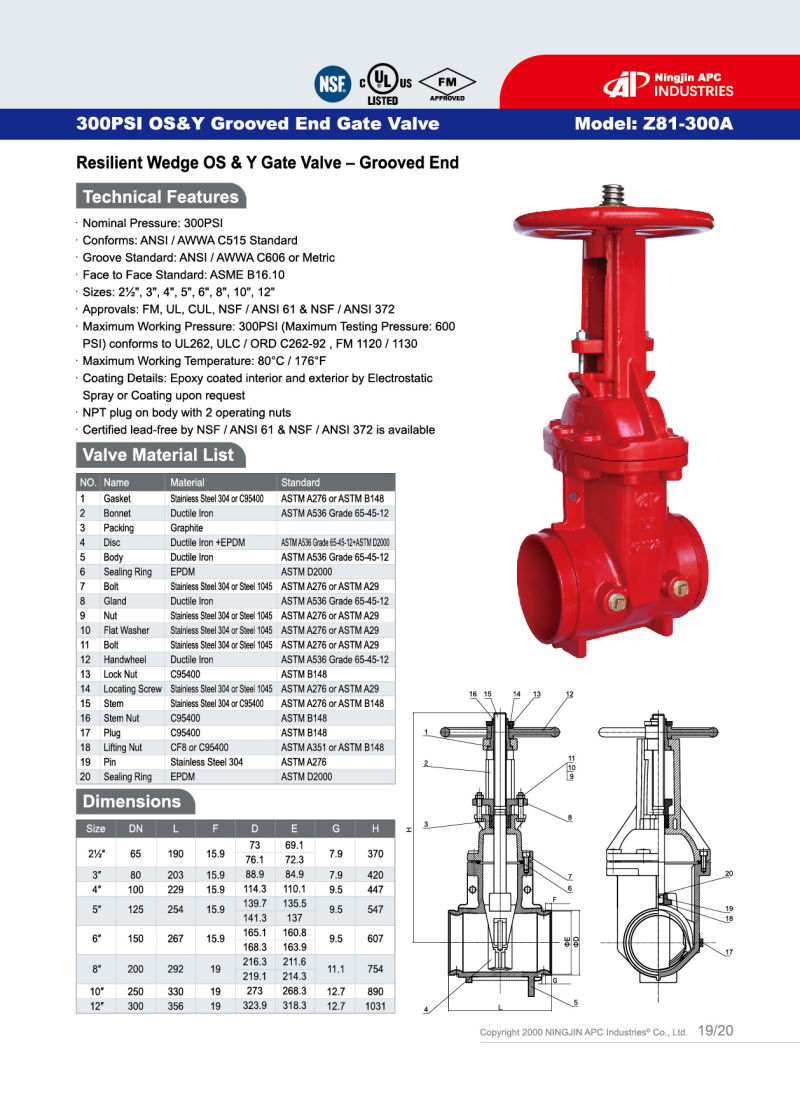 Resilient Wedge OS&Y Gate Valve Grooved End 300psi