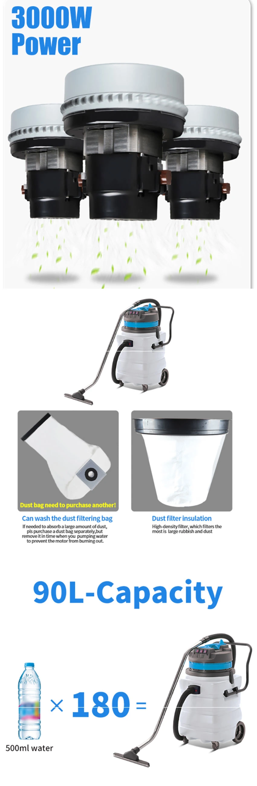 90L 3 Motors Acidproof and Anti Alkalis Wet & Dry Vacuum Cleaner with Semitransparent Plastic Tank