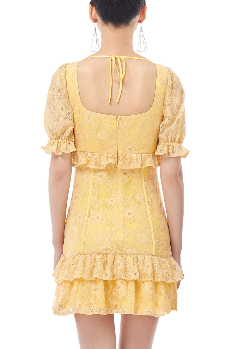 1911-0014 Women Daytime out Mini Short Sleeve Lace Puff Sleeve Summer Dress
