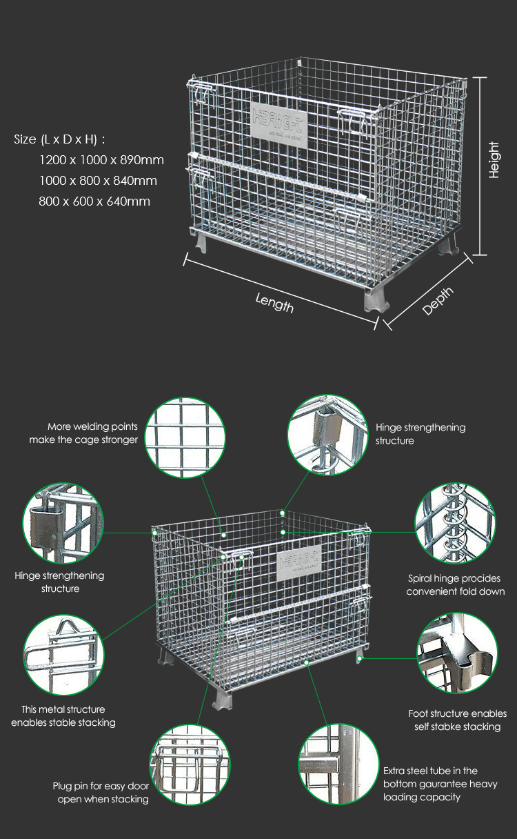 Storage Heavy Duty Industrial Galvanized Folding Collapsible Stackable Steel Wire Mesh Cage Containers with Wheels
