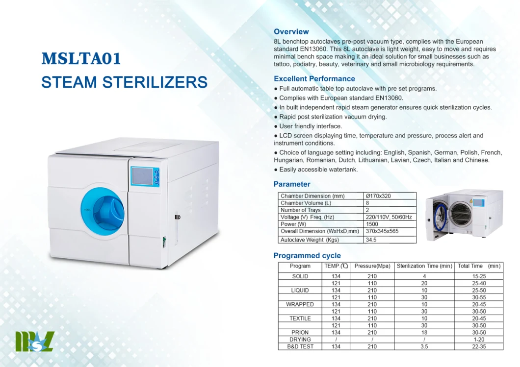 Medcial Equipemt Steam Sterilization Pouch Vacuum Pulse Steam Sterilizer Mslta01