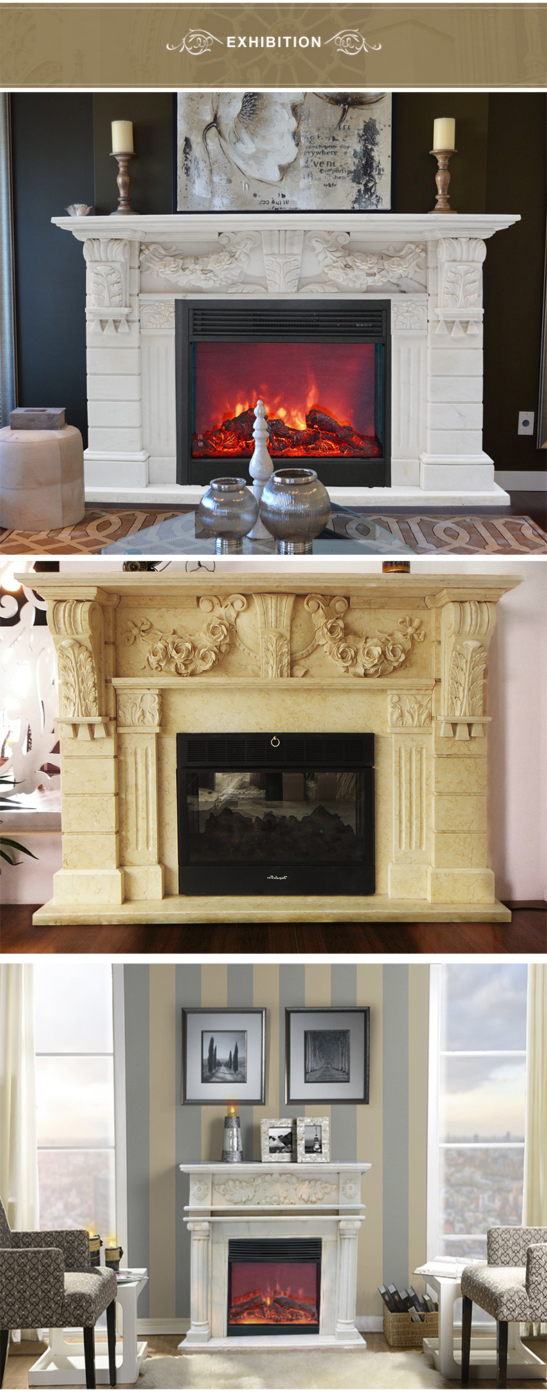 White/Beige Stone Fireplace, Electric Fireplace and Marble Fireplace Mantel