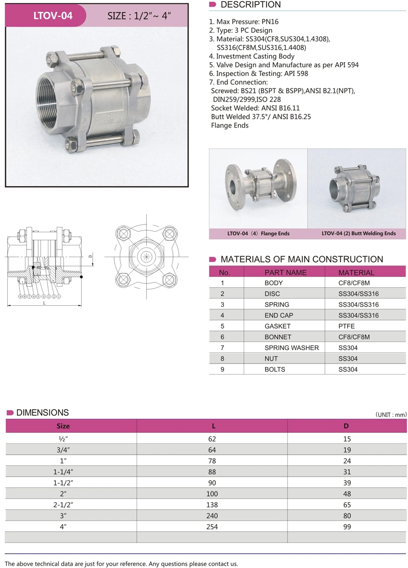 Ss Stainless Steel 3 PC Thread Check Valve Pn16