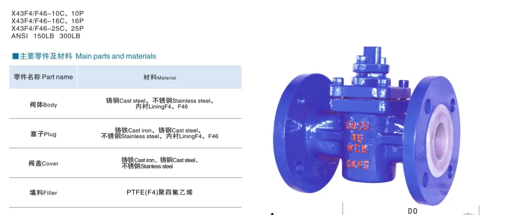 PTFE-Lined Plug Valve X43f4-10c Cock Valve