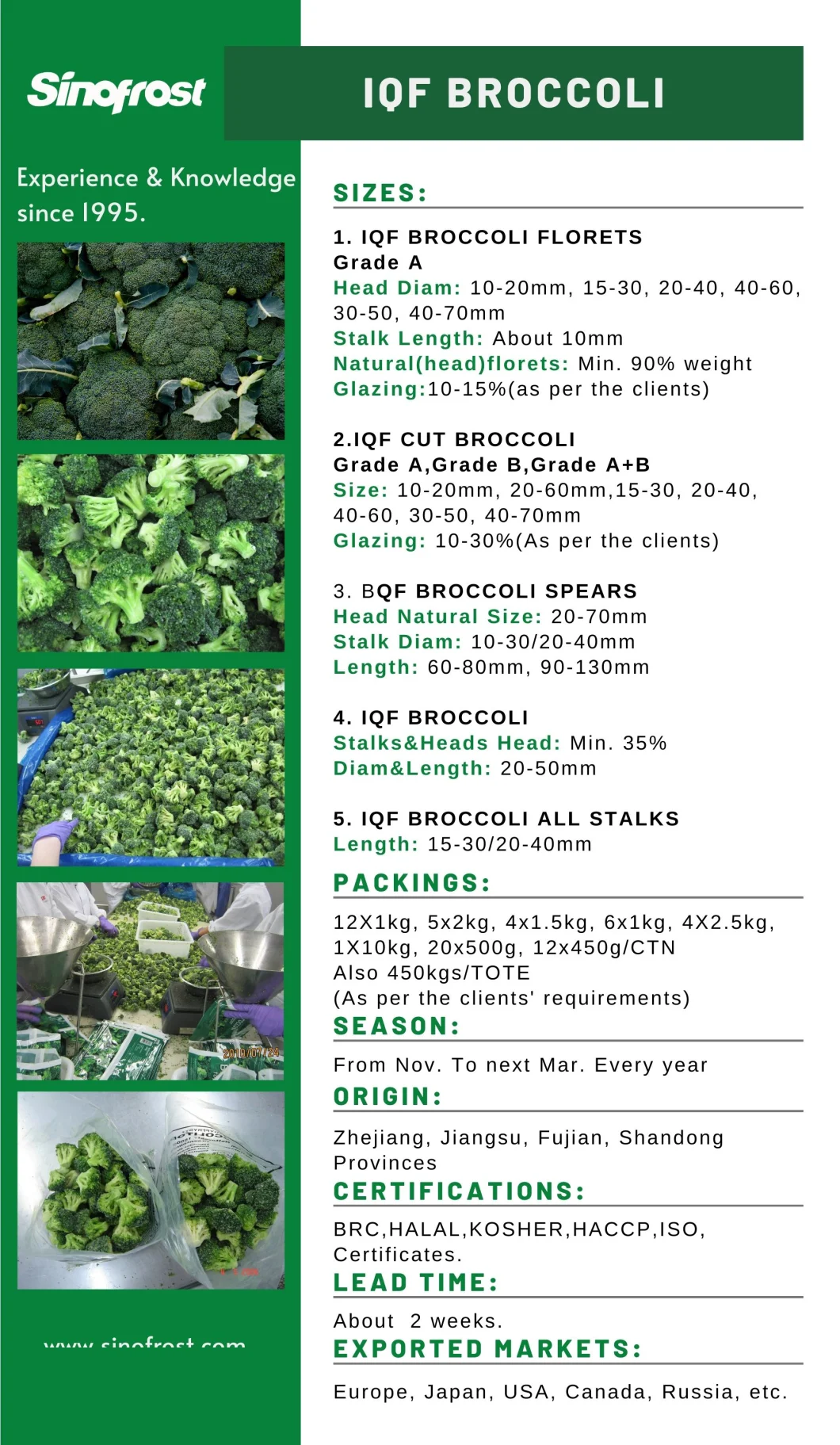 New Crop, IQF Broccoli, Frozen Broccoli, IQF Broccoli Florets, IQF Cut Broccoli, Bqf Broccoli Spears, Frozen Broccoli Florets, Frozen Broccoli Stalks, Brc/Halal