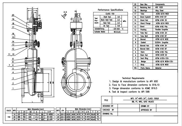 20 Inch API600 Nrs Gate Valve Solid Wedge FF Bb Class150 Gearbox