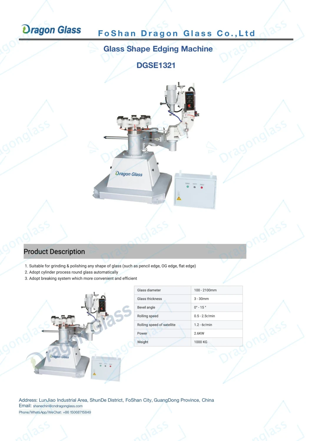 Dragon Glass Glass Shape Edging Glass Machine for Mirror Glass Og Bevel and Round Edge Processing