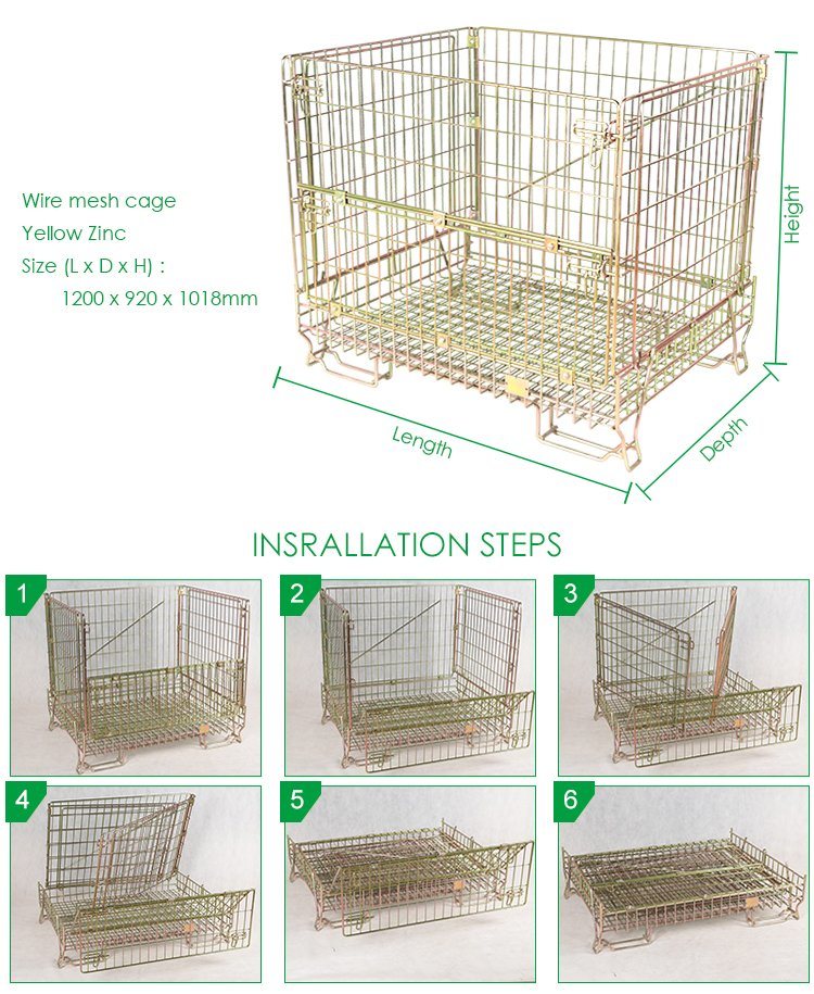 Storage Heavy Duty Industrial Galvanized Folding Collapsible Stackable Steel Wire Mesh Cage Containers with Wheels